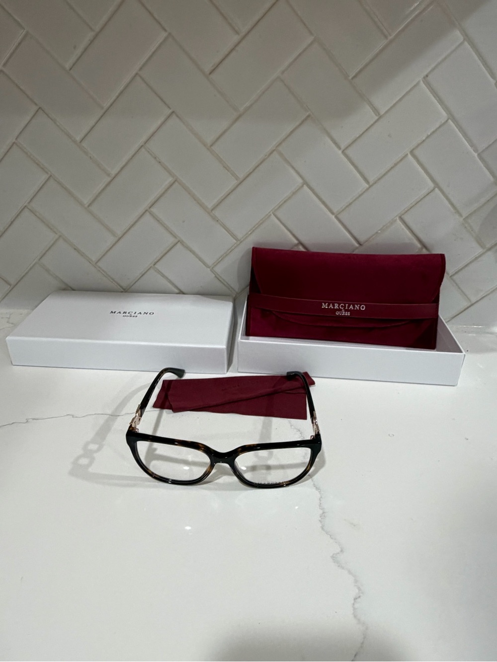 Marciano Women's Tortoiseshell and Black Reading Glasses with Burgundy Case